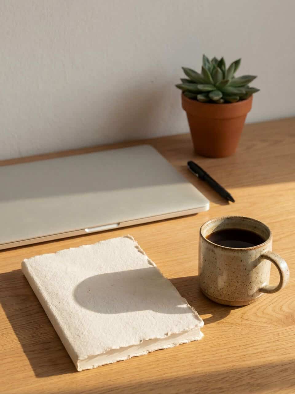 Work from home workspace with a notebook, coffee mug, and potted succulent plant on a wooden desk.